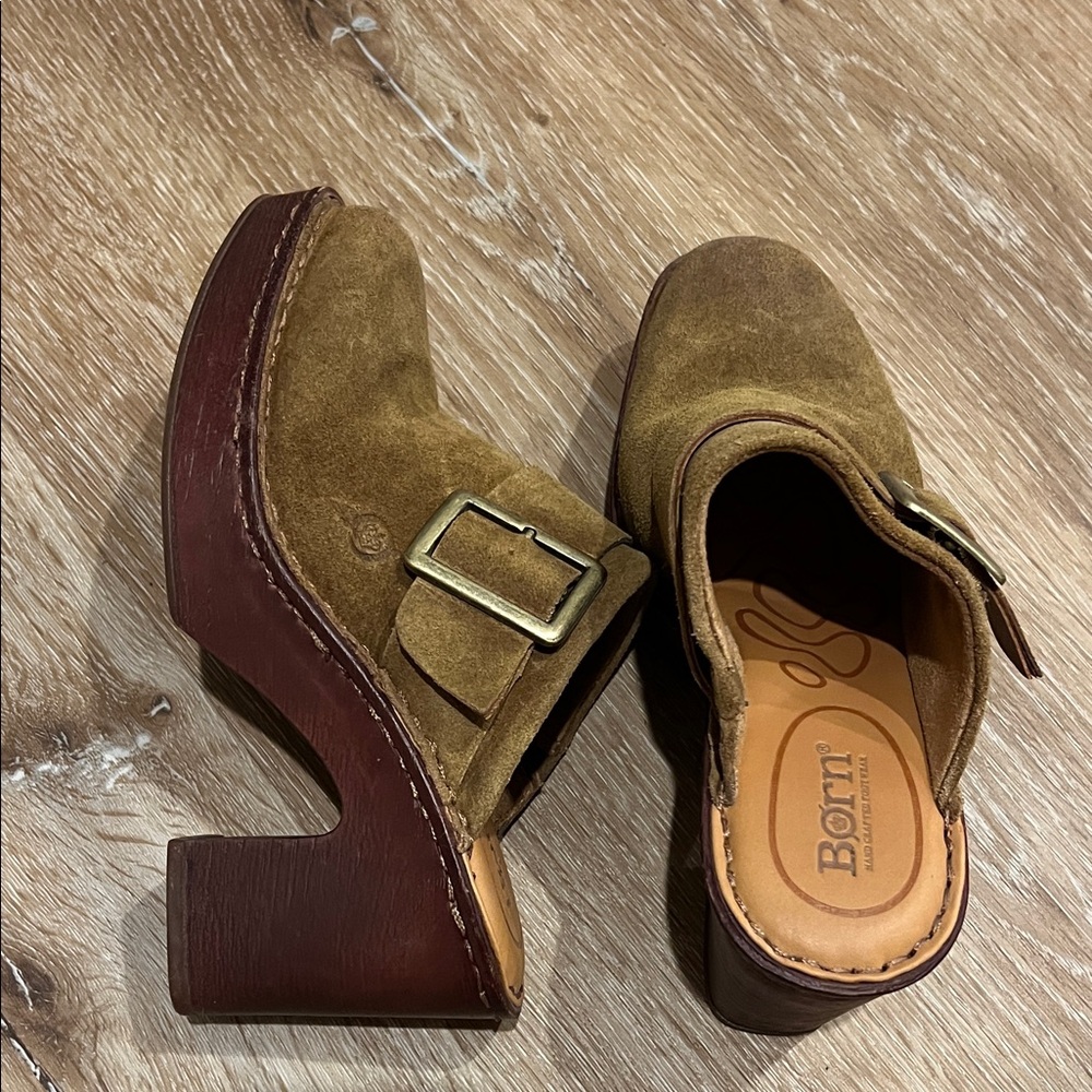 Born Tan Suede Clogs with Buckle Accent